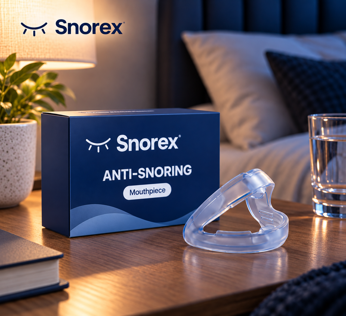 Snorex anti-snoring mouthpiece on a bedside table